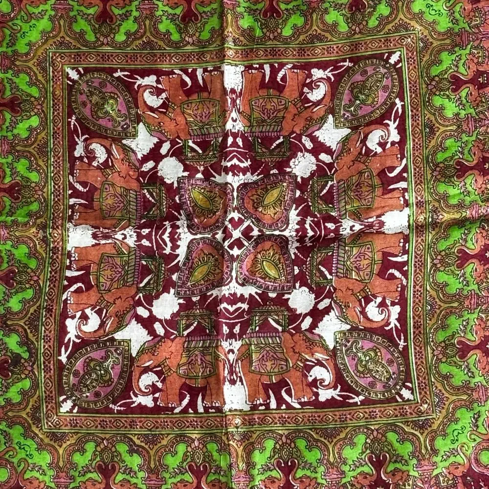 Sheer India Silk Scarf Boho square burgundy red & green paisley ornate elegant